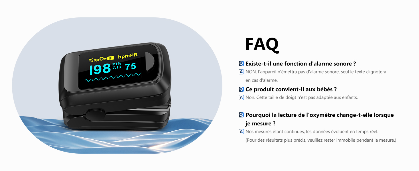 Text reads: 'FAQ'. Digital display device showing '100%' with FAQ section below. Medical or health monitoring device against light blue background.