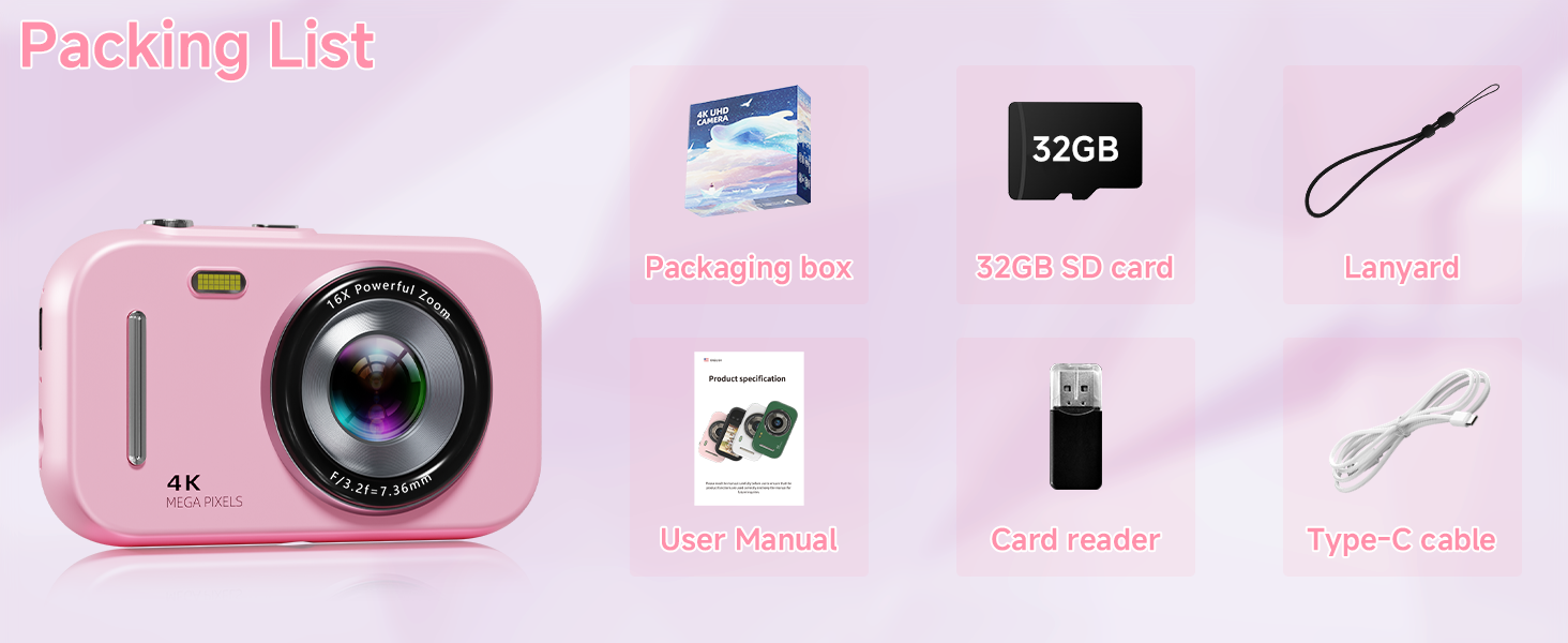 Packing list including 32gb sd card and card reader
