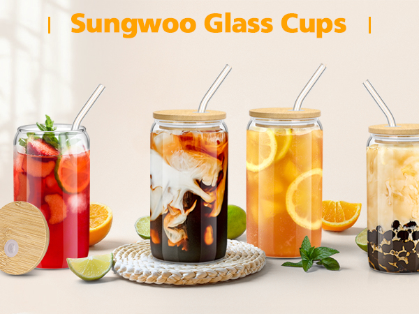sungwoo Glass Cups with Bamboo Lids and Straws