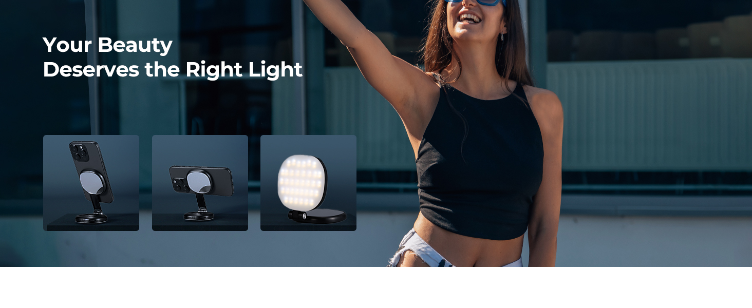 Text reads 'Your Beauty Deserves the Right Light'. Product marketing image showing illuminated makeup mirrors in dark blue toned setting.