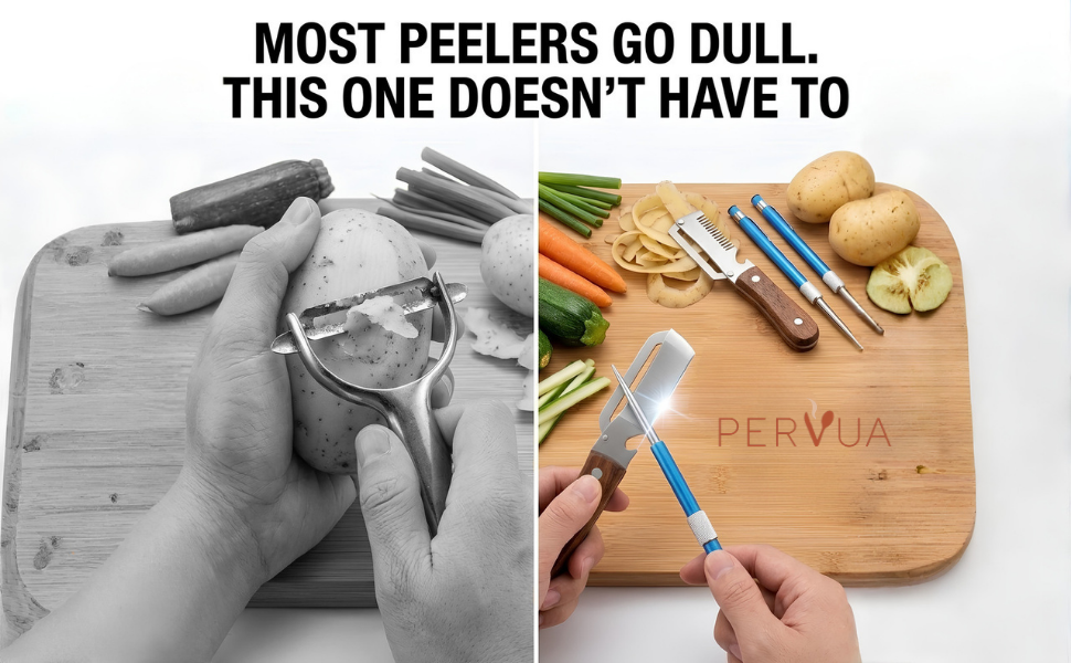 peelers with wooden handles and a sharpening stick on the kitchen counter