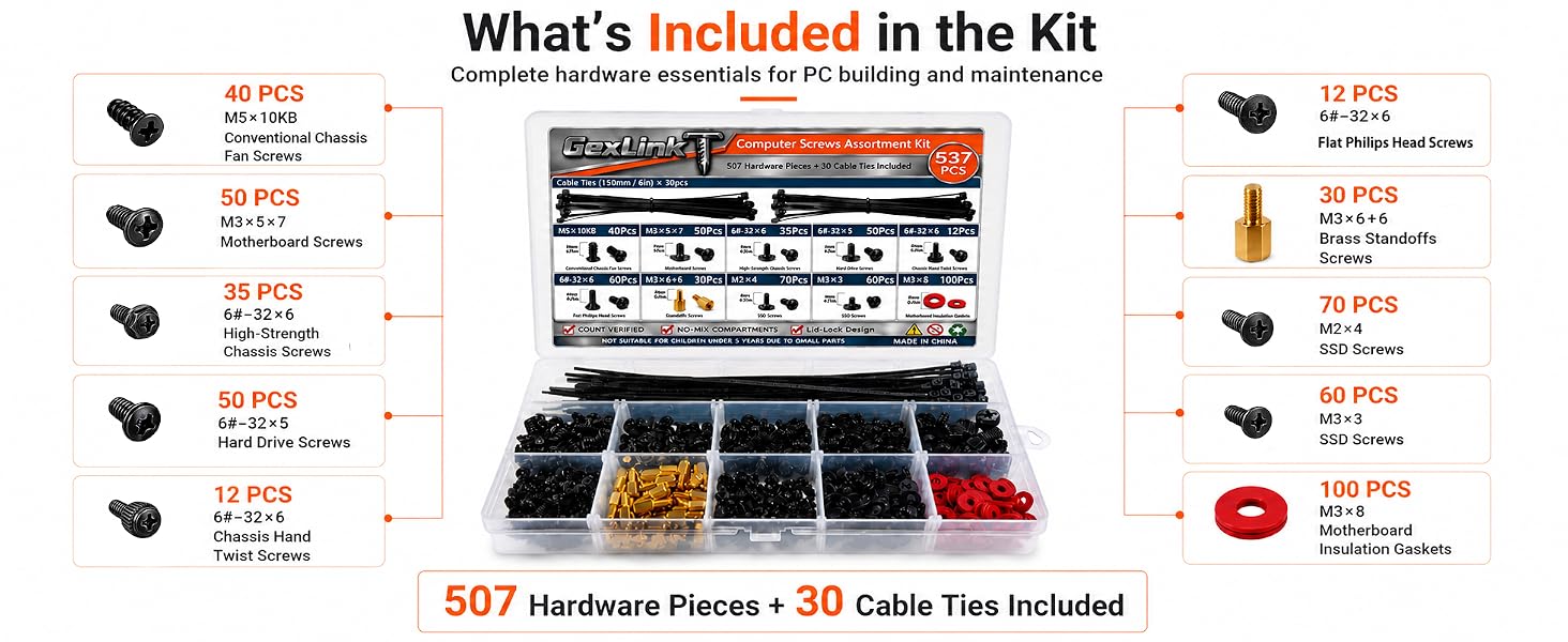 GexLinkT screw kit compatible with PC cases, motherboards, SSDs and HDDs