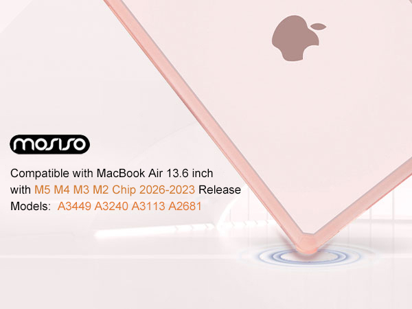 Text reads 'manro' brand name and product specifications 'Compatible with M2 M3 M4 M5 M6 M7 M8 M9 CPU Socket' with model numbers 'A520 A320 A310 A300'. Pink and white minimalist design with Apple logo watermark.