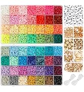 QUEFE 14420pcs Clay Beads for Bracelet Making Kit, 56 Colors Spacer Heishi Beads Flat Round Polym...