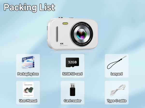 Packing list including 32gb sd card and card reader