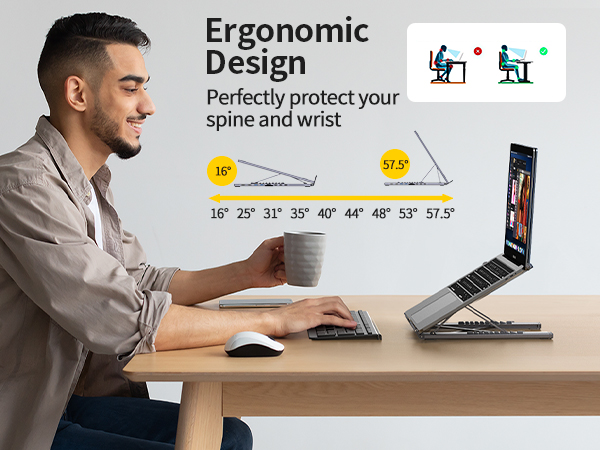 Text reads 'Ergonomic Design' and 'Perfectly protect your spine and wrist'. Multiple panels showing laptop stand with height adjustment markers from 15° to 57°.