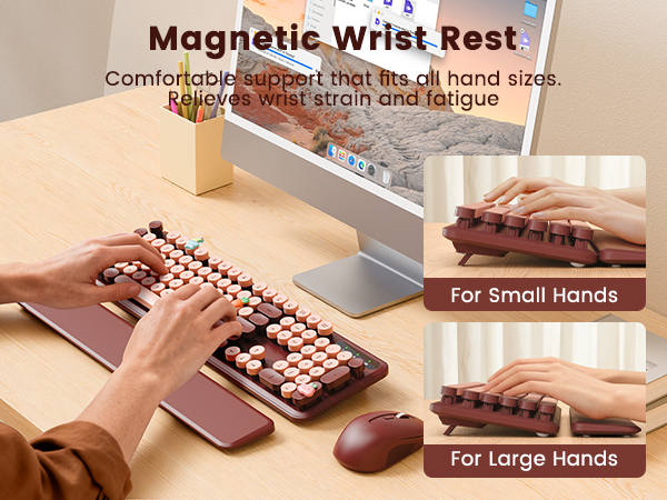 Wine Red Wireless Keyboard, Round Keycaps, Retro Typewriter Keyboard with Detachable Wrist Rest