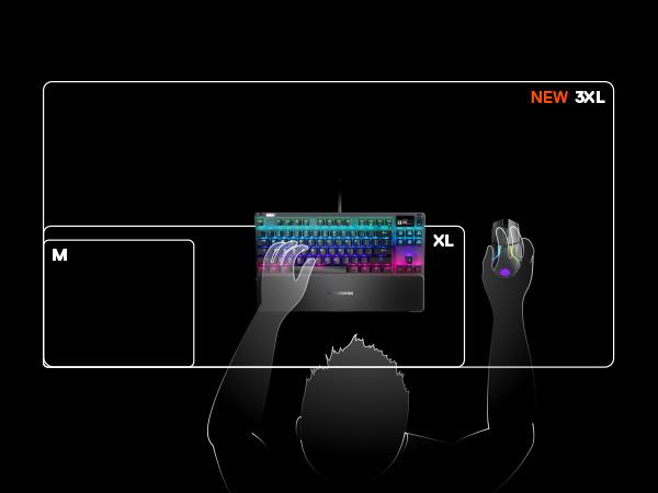 -Drawing comparing Small, Medium, Large, and 3XL SteelSeries QcK Prism sizes