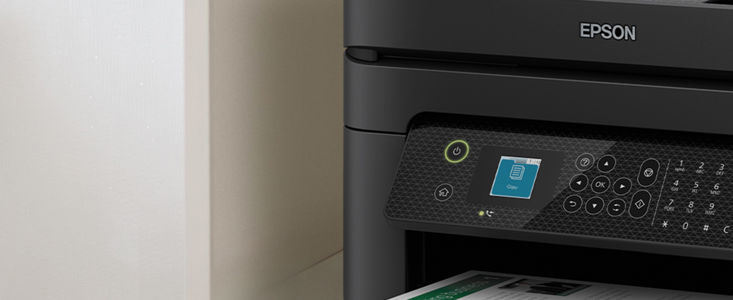 Close-up of WorkForce WF-2930 color display and control panel.