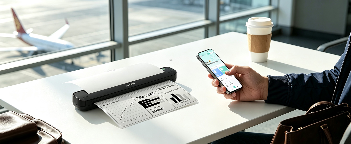 Traveler uses a smartphone to print a business document with the Bluetooth printer at an airport