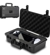 Black hard-shell protective case with foam interior padding and latching closures. Case shown both closed and open displaying cushioned compartments for equipment storage.