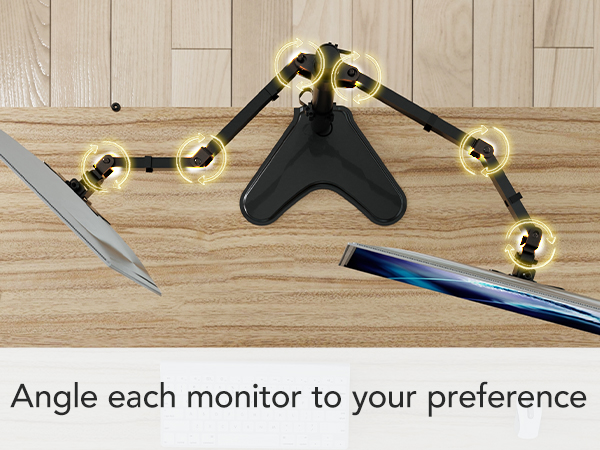 Top view: dual arms adjust at multiple joints to angle each monitor.