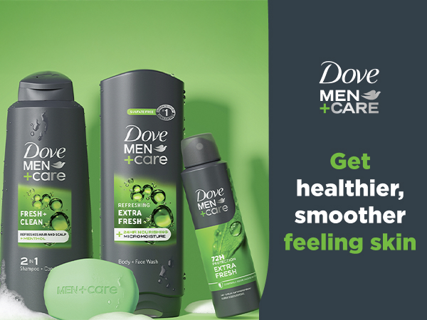 Dove Men+Care set on a green backdrop with body wash, shampoo, deodorant and soap bar.