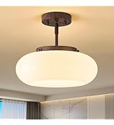 WOKNOS Mid-Century Modern Faux Walnut Wood Semi Flush Mount Ceiling Light, 3-Light Kitchen Light ...