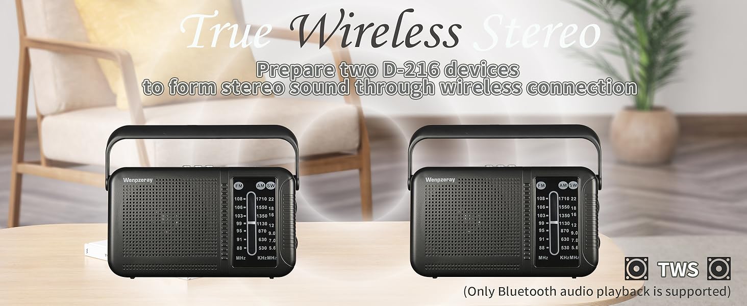 Two D-219 radios can be combined to achieve true wireless stereo using Bluetooth