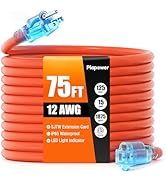 Outdoor Extension Cord 75 FT Waterproof, 12/3 Gauge Heavy Duty 3 Prong Power Cord with Lighted In...