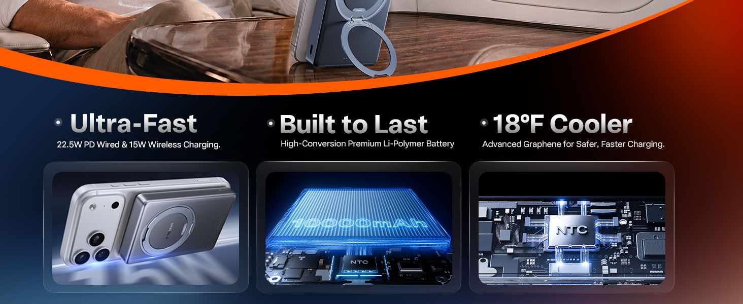 TORRAS 22.5W fast charging magnetic power bank, 15W wireless portable charger with graphene cooling
