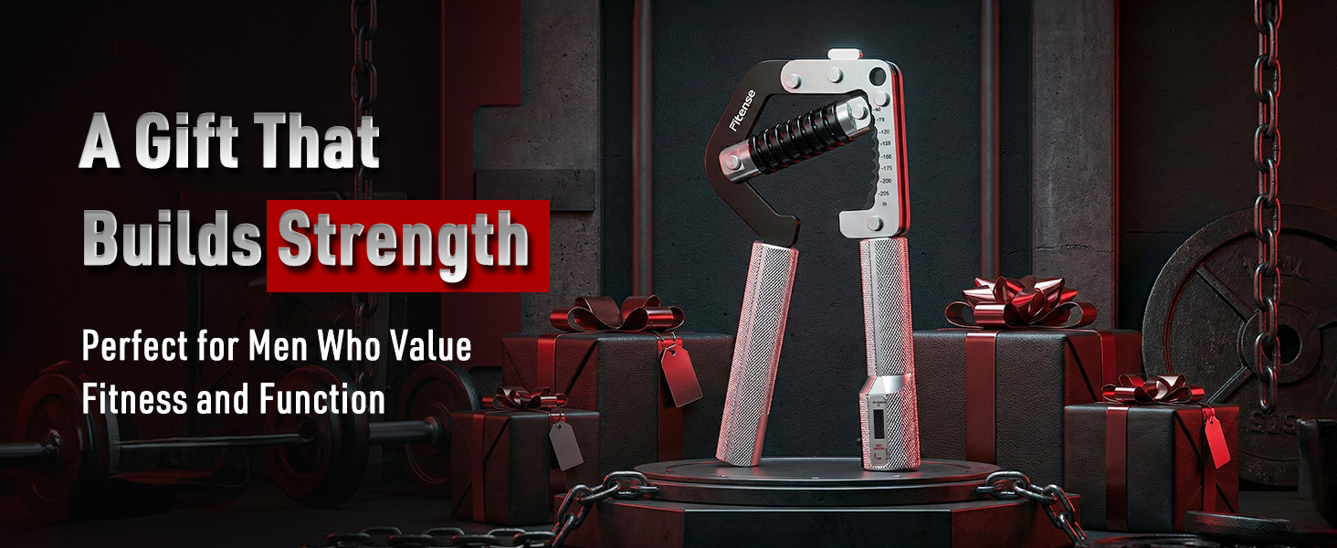 Text reads 'A Gift That Builds Strength' and 'Perfect for Men Who Value Fitness and Function'. Dark, dramatic product photography of fitness equipment.