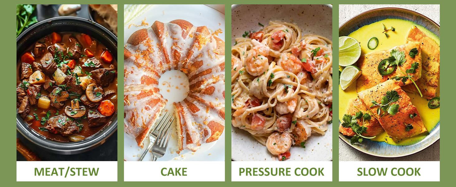 Cook meats, cakes &amp; hearty meals. Presets: Stew, Cake, Pressure, Slow Cook.