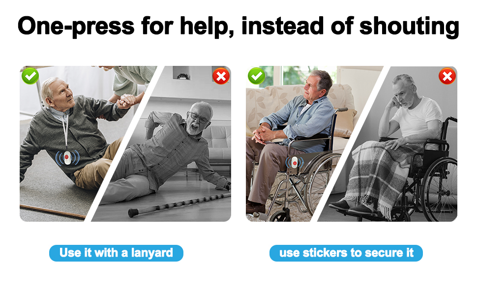 Emergency call button for elderly or disabled individuals. Shows proper use with lanyard and stickers for securing. Emphasizes one-press activation instead of shouting for help.
