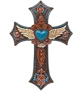 Brown Cross with Angel Wings and Heart, Southwest Native American Inspired Religious Wall Art - R...