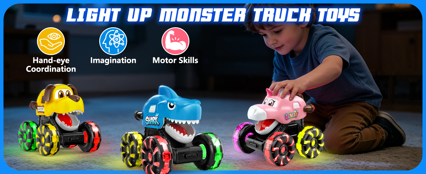 Monster Truck Toys for Kids Toddler, Press &amp;amp; Go Light Up Wheels Car Toys Chomping Mouth Truck Toy