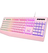 Pink Creamy Keyboard, Rainbow LED Backlit, 104 Keys Silent Light Up Gaming Keyboard with Wrist Re...
