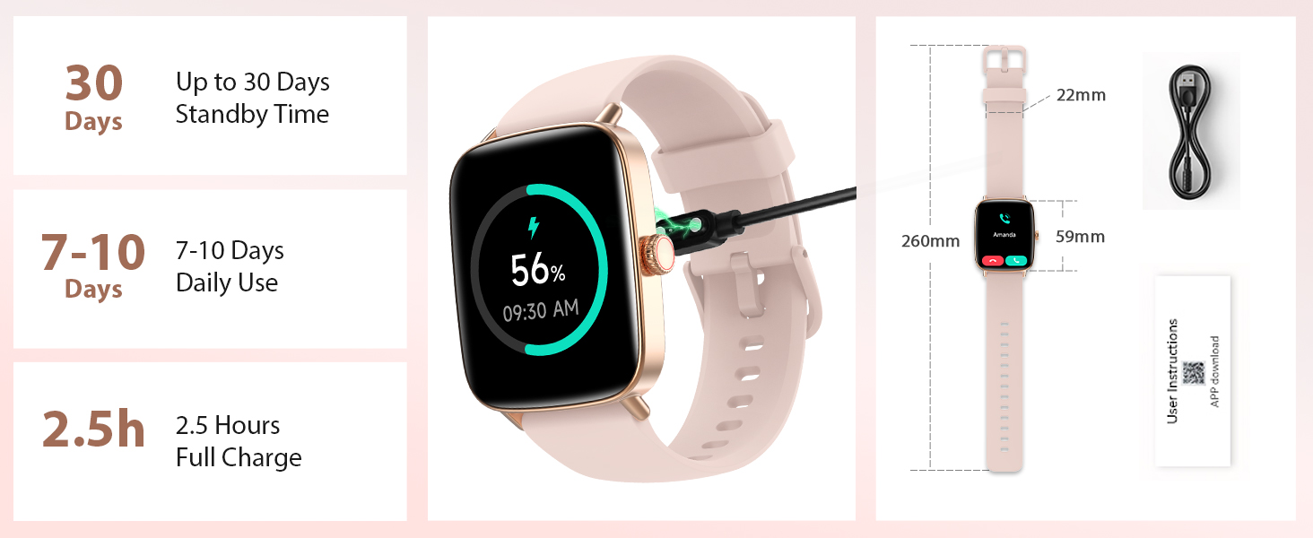 Long battery life smart watch for women with 7–10 days of daily use on a single charge