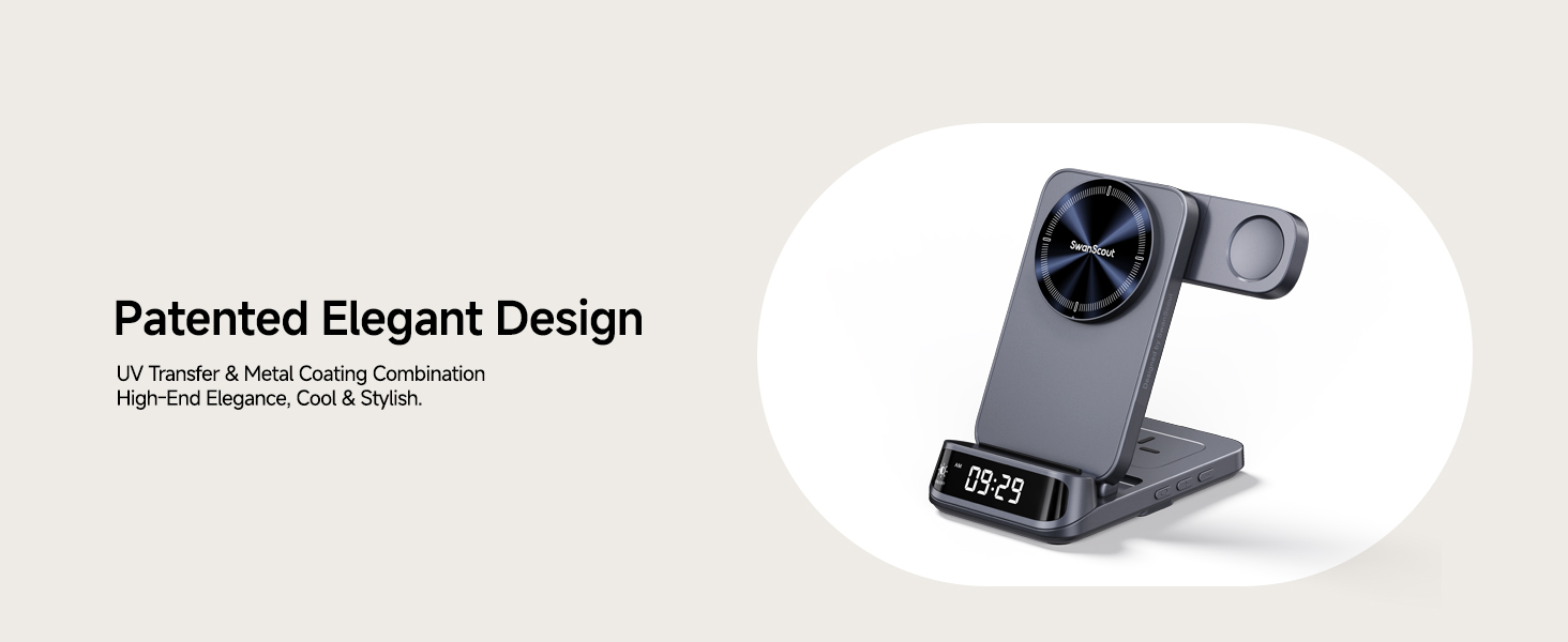 Wireless charging stand with elegant design. Features a circular fan, side mount for smartwatch, and digital clock display. Dark gray color with sleek, modern appearance.