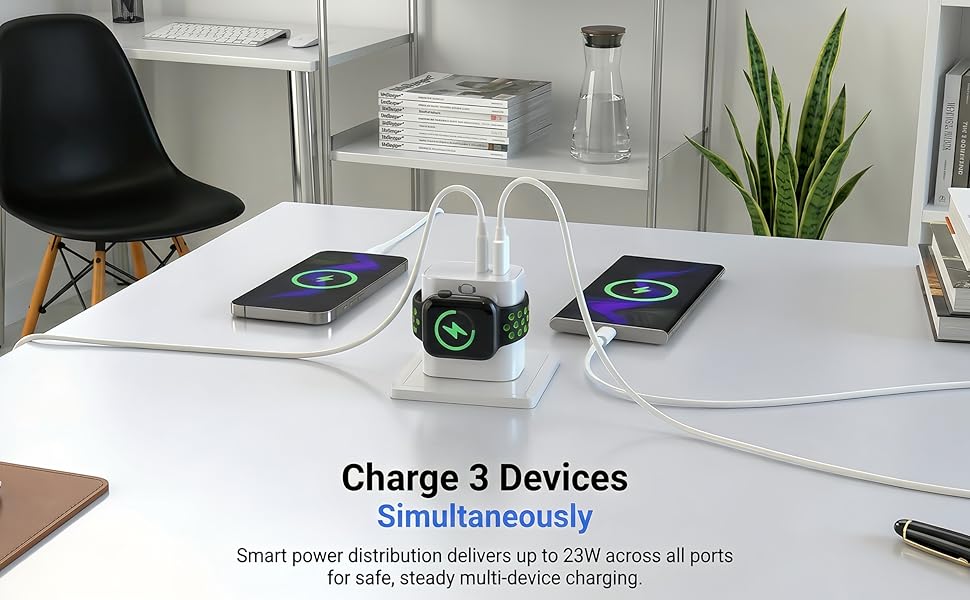 3-in-1 multi-device wall charger powering two smartphones and a smartwatch simultaneously.