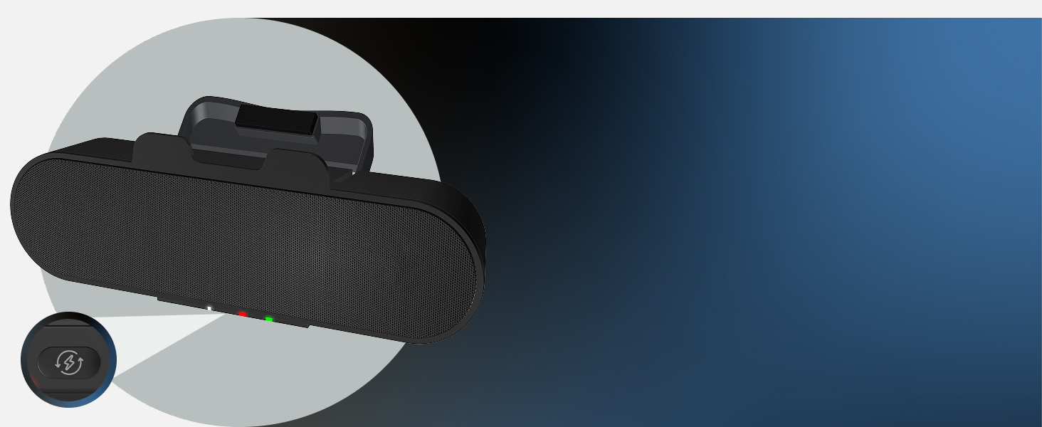 Image of a CA-2890PRO speakerbar with a highlight on the power switch USB-C booster button