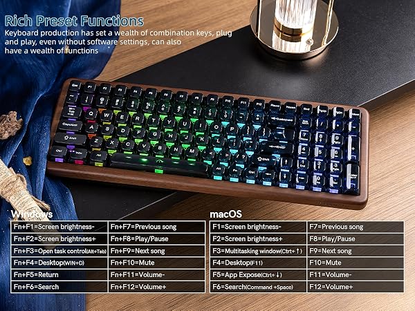 98% Wireless Mechanical Keyboard with Number Pad Natural Walnut Wood Gaming Keyboard
