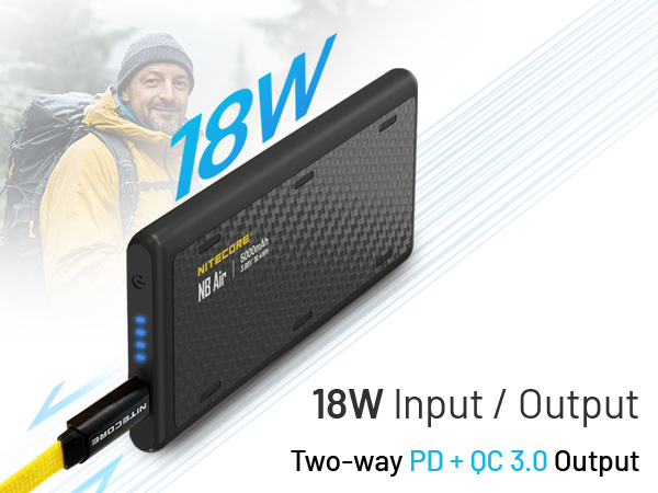 THE NB Air connected to a charging cable, a man dressed for cold weather in the woods stands near it