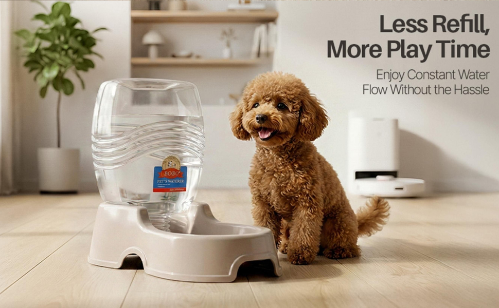 Dog near the unit emphasizing fewer refills with a refillable dog water bowl.