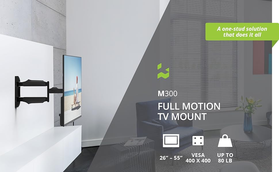 Kanto M300 tv wall mount on wall in living room. Supports up to 55" tvs weighing 80 lb