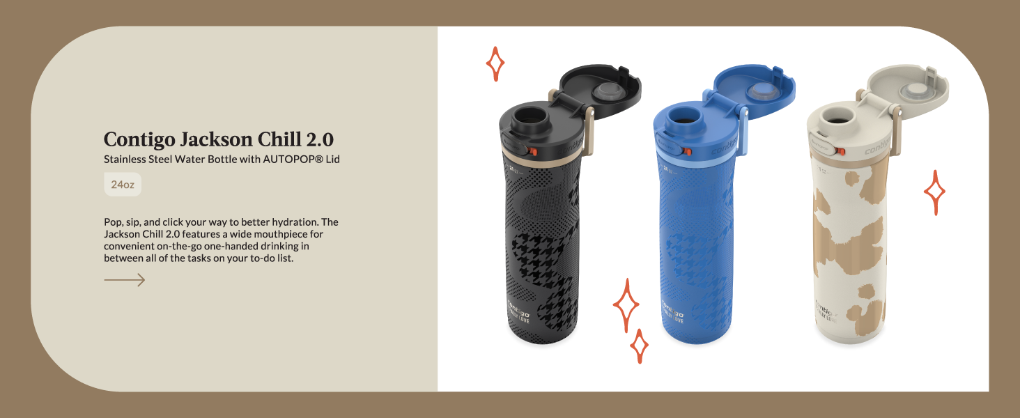 jackson chill stainless steel water bottle autopop lid hydration wide mouthpiece drink easy carry