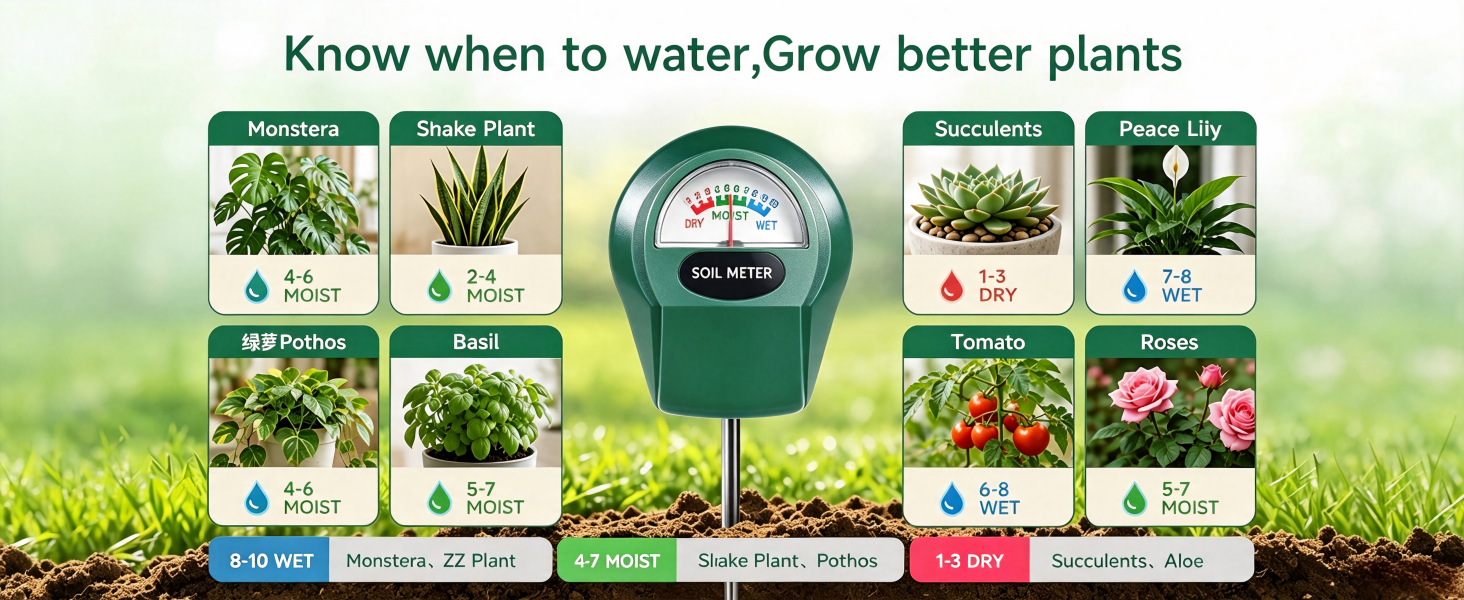 Soil moisture level guide chart, soil moisture meter for different houseplants and garden plants