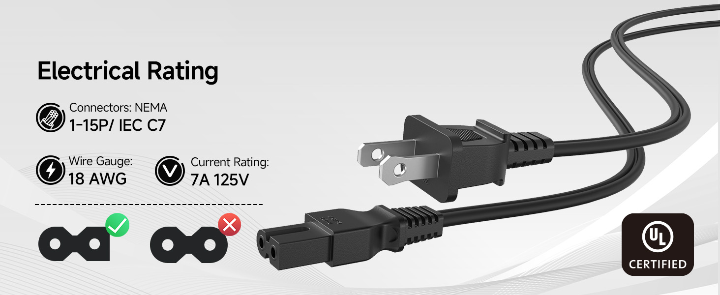 2 Pack 2 Prong Vizio TV Power Cord Replacement 6 ft, PS2 Power Cord