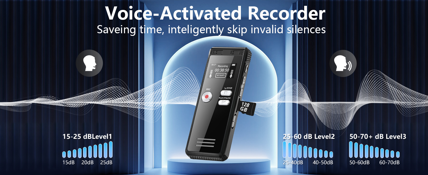 MP3 Player Activated Recorder, voice recorder equipped, digital voice recorder with transcription