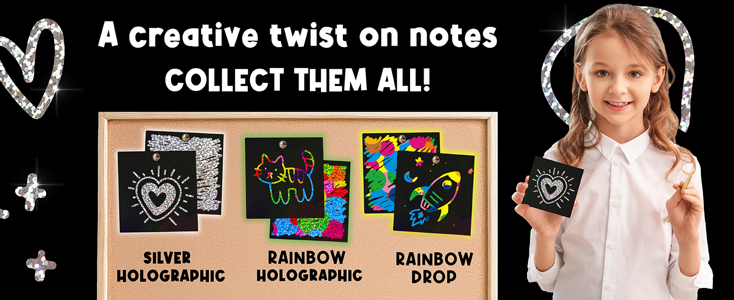 Girl proudly holds her scratch art note, showcasing beautiful designs made with joy and care