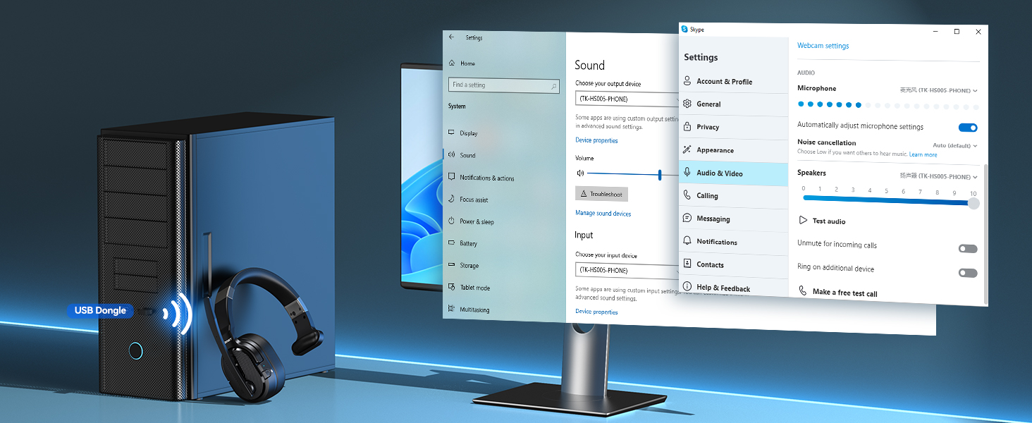 Wireless headset with microphone for PC