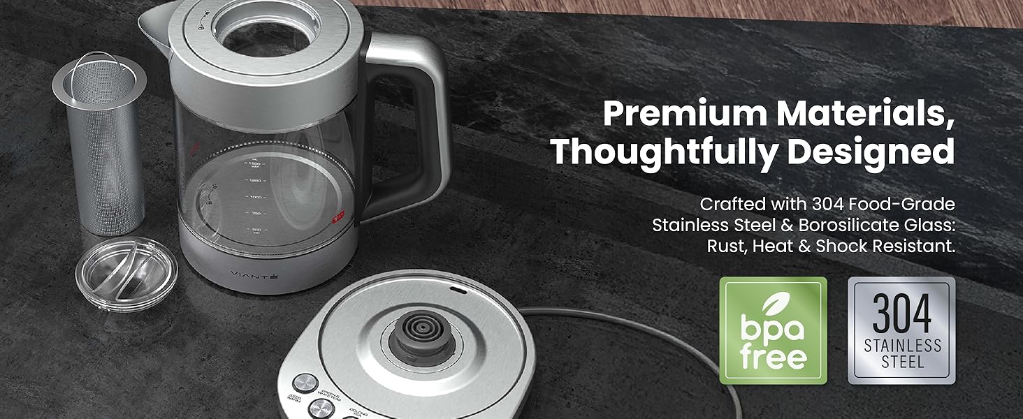 Borosilicate glass and food-grade stainless steel ensure durability, heat resistance for clean taste