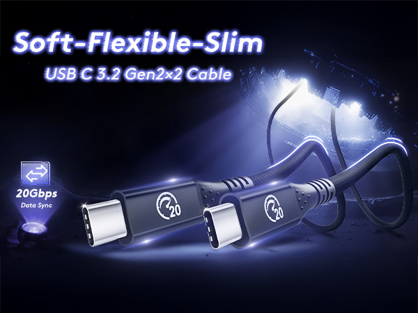 Soft Flexible Slim usb c 3.2 gen 2x2 cable 20gbps 10gbps high speed data transfer