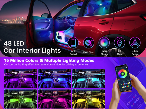 Car LED Lights, Smart RGB 48 LED Car Interior Light with APP Control