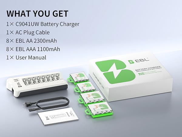 EBL Rechargeable AA AAA Battery Charger could charge 1-8 Ni-MH Ni-Cd AA AAA rechargeable batteries