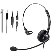 Telephone Headset with Noise Canceling Microphone, Mono Call Center Office Headset with RJ9 Jack ...