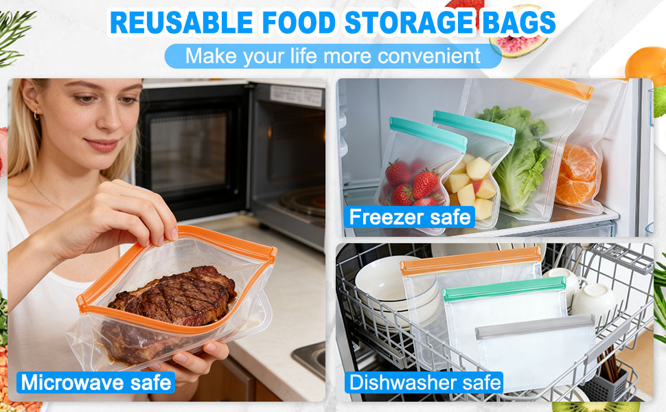 Reusable Freezer Bags Food Storage Bags Leakproof BPA Free Dishwasher