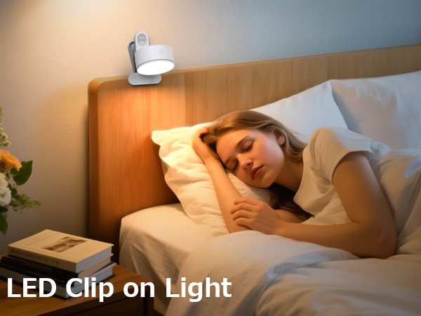Text reads 'LED Clip on Light'. Series of images showing clip-on reading light in use for bedtime reading.
