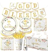 God Bless Tableware-142pcs Pink Baptism Plates and Napkins,Disposable Cross Baptism Plates Napkin...