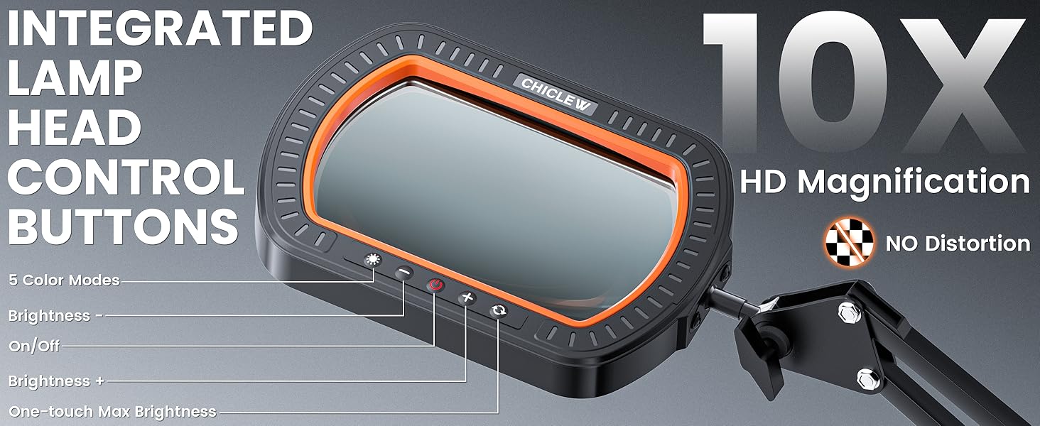 Text reads 'INTEGRATED', '10X', 'HEAD', 'CONTROL BUTTONS', 'HD Magnification', 'No Distortion'. Technical product diagram showing features and specifications of an electronic device.